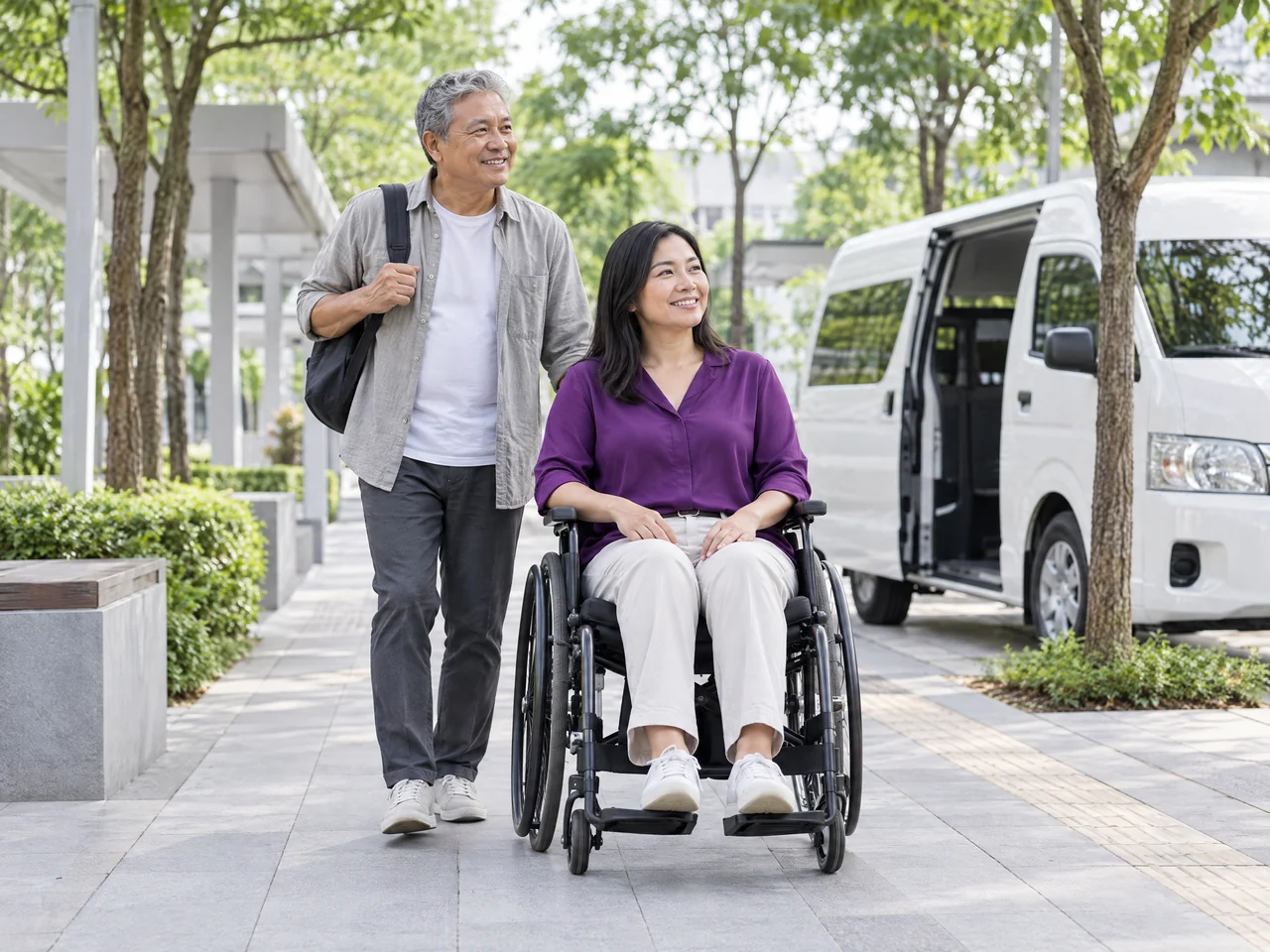 Perempuan pengguna kursi roda bersama pendamping di titik jemput dekat kendaraan penumpang putih